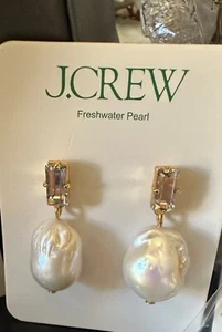 J Crew Freshwater Pearl baguette crystal Drop Gold Earrings New with Tag NWT - Picture 1 of 9