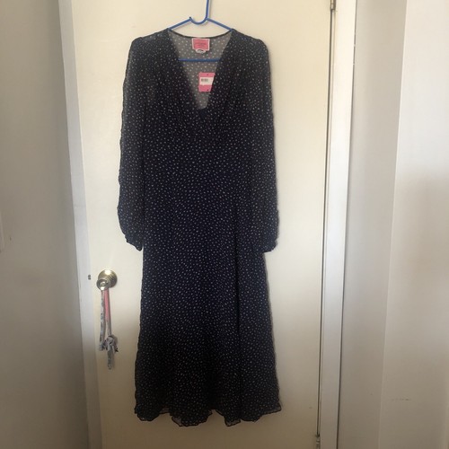 Abito midi Kate Spade New York manica lunga labbra blu navy taglia 10
