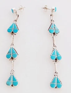 Native American Zuni Handmade Sterling Silver with Turquoise Inlay Earrings - Picture 1 of 2