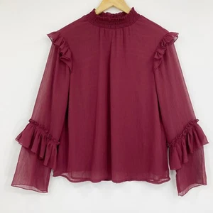 Bobeau Womens Ruffle Sleeve Blouse Smocked Neck Chiffon Burgundy Red Sz S - Picture 1 of 10