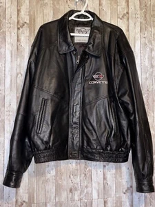 Corvette Black Leather Bomber Jacket Coat Embroidered Logo Full Zip Size XL - Picture 1 of 12