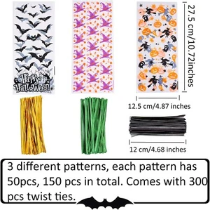 150 Pcs Halloween Cellophane Treat Bags,Candy Bags Bats Pumpkin and Witch Hallow - Picture 1 of 7