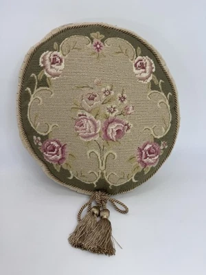 Round Roses Floral Victorian Shabby Chic, Needlepoint Pillow Velour Tassel 14” - Image 1 of 4