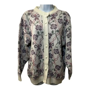 Vintage 90s Floral Knit Cardigan Womens Large Pastel Soft Girl Coquette Floral - Picture 1 of 17