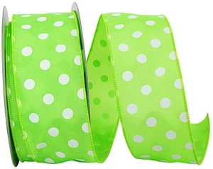 Wire Edged Satin Large Dots Lime Green and White Ribbon 2 1/2" 50 Yards - Picture 1 of 1