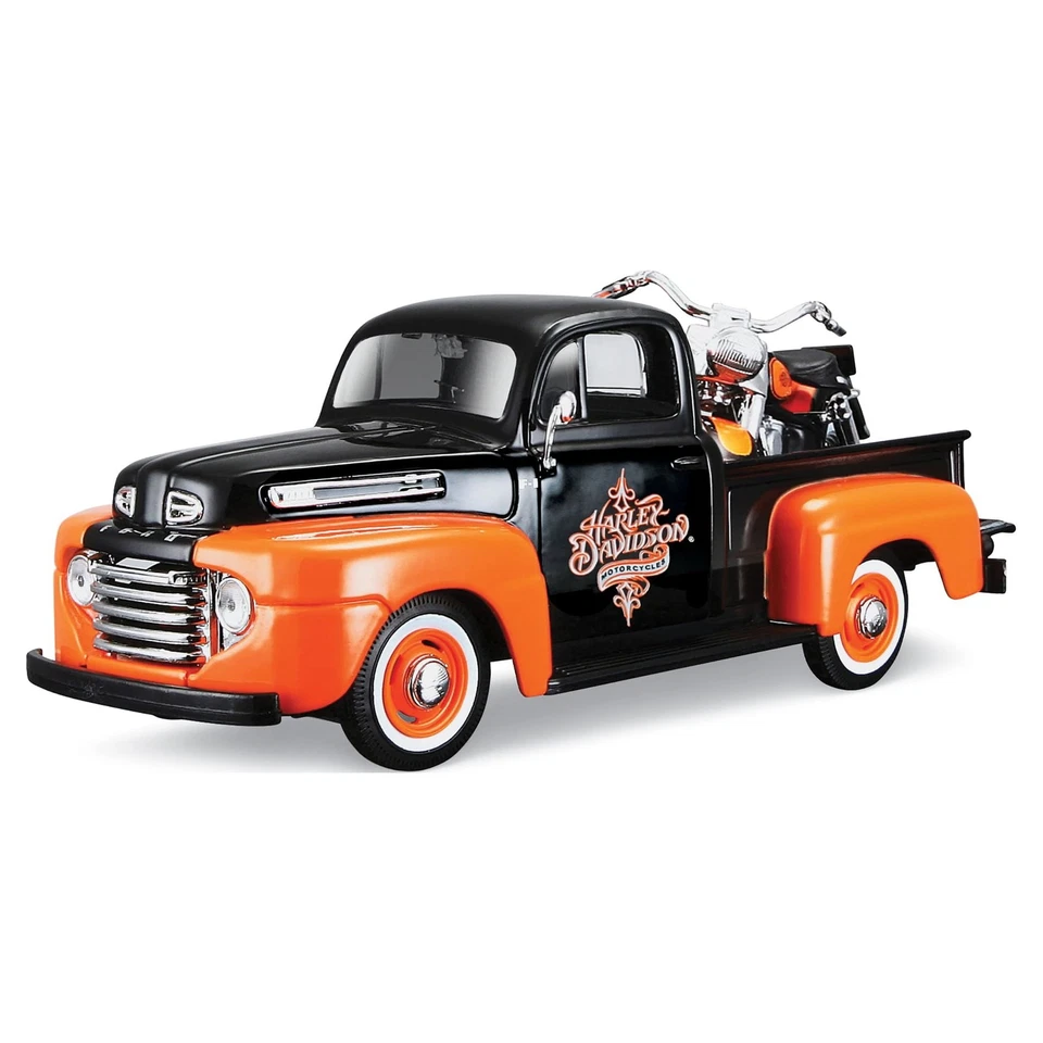 Ford F-1 1948 camioneta pickup naranja/negro con 1958 FLH Duo Glide Harley Davidson Foto 1 de 2