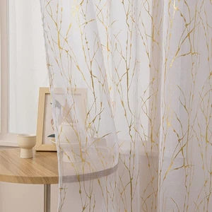 White Sheer Curtains 84" Long, Gold Foil Tree Branch Print, 2 Panels Set - Picture 1 of 7