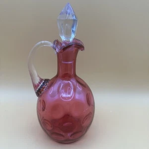 Fenton Cranberry Bubble Glass Cruet 5" Pitcher Clear Handle With Stopper Vintage - Picture 1 of 9