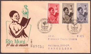 F-EX45732 RIO MUNI SPAIN 1950 REG FDC READING INDIGENOUS TO BARCELONA. - Picture 1 of 2