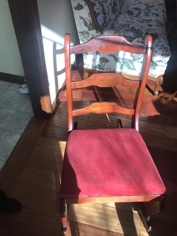 Vintage Ladies Dark Finish Wooden Rocking  Chair W/Red Padded Cushion Victorian Cover