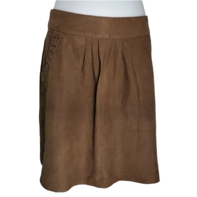 Minifalda corta de cuero de gamuza marrón genuino línea A con bolsillos talla 10 occidental Foto 1 de 4