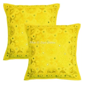 Traditional Cushion Covers Yellow 16x16 Embroidered Cotton Mirror Throw Pillows - Picture 1 of 5