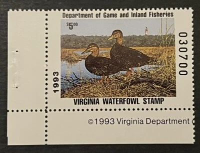 Travelstamps: 1993 Virginia State Duck Stamp - $5 - Mint MNH OG - Image 1 of 4