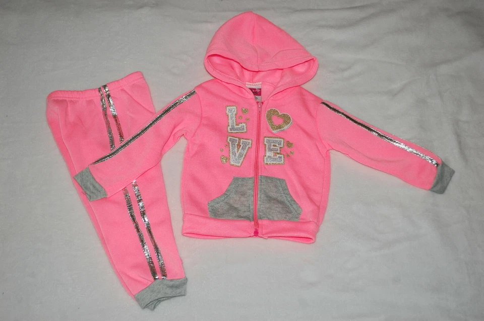 Bebés Niñas CHAQUETA SUDADERA ROSA BRILLANTE GRIS Con Capucha "AMOR" BRILLO Pantalones de Sudadera 24 MO Foto 1 de 1