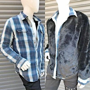 Men's Blue | Black Button Down w/ Faux Fur Long Sleeve Shirt - Picture 1 of 7