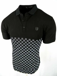Mens Polo Shirt Black White Luxury Check Body With Crest Slim Fit Stretch Golf - Picture 1 of 6