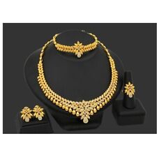 GOLD DUBAI BRIDAL Rhinestone Necklace Jewelry Set 4 Pc Bracelet Earrings Ring