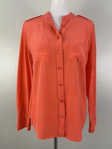 Blusa Equipment Mujer Abotonada Naranja Seda Sin Cuello Camisa Trabajo Top Mediana - Imagen 1 de 4