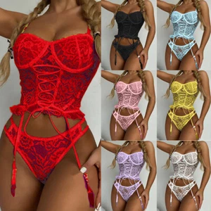 Sexy Womens Lace Lingerie Set Push Up Bra Thong Garter Belt Nightwear Underwear - Picture 1 of 26