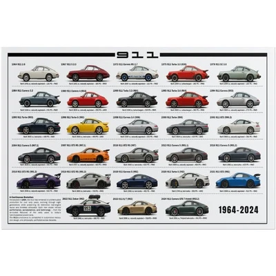 Pôster Porsche 911 Evolution - História do carro clássico arte de parede decoração reimpressão - Imagem 1 de 4