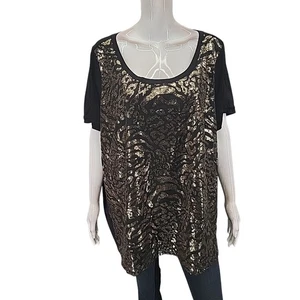 Bob Mackie Trendy Design Allover Sequin Front Top 3X Plus Sz Black Gold Shirt - Picture 1 of 13