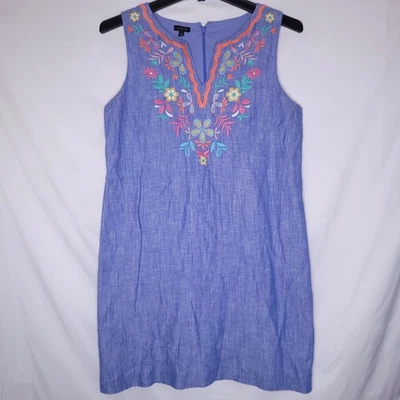 Vestido Talbots 12 Azul Floral Bordado Lino Mezcla Algodón Cambio Cambray Foto 1 de 4