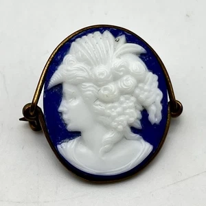 Vintage White Cameo Brooch Fancy Hair Style Blue Background 1" - Picture 1 of 4