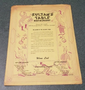 Vintage Midcentury Menu "The Sultan's Table" Cocktail Lounge in Macon Georgia - Picture 1 of 5