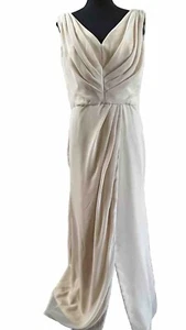 Beige Faux Wrap Dress Bridesmaid Gown Size 10 High Slit Chiffon Maxi Bust 40” - Picture 1 of 14