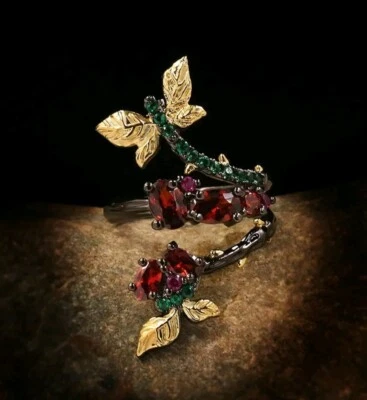 Black S925 Sterling Silver Butterfly Enamel Garnet Ring Stamped Gothic Size:10  - Image 1 of 4