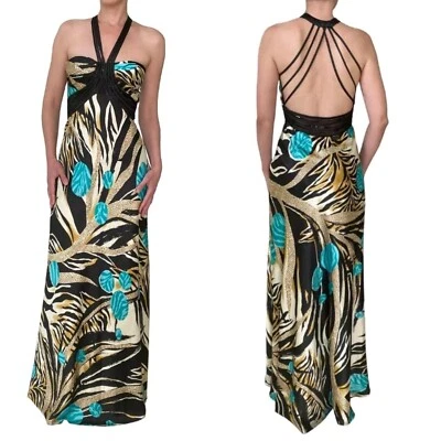 Maxi Vestido Dave & Johnny Negro Halter Talla 5/6 Tropical Cuentas Tirantes Espalda Abierta Foto 1 de 4