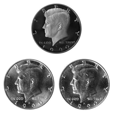 1990 P D S Kennedy Half Dollar 50c Year set Proof & BU US 3 Coin lot Cover