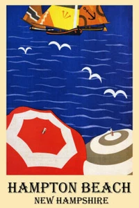 HAMPTON BEACH NEW HAMPSHIRE SEAGULL SUMMER OCEAN BOAT PARASOL VINTAGE POSTER  - Picture 1 of 3