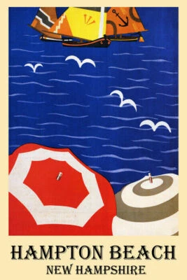 PÓSTER DE COLECCIÓN HAMPTON BEACH NUEVO GAVIOTA VERANO BARCO OCÉANO SOMBRILLA  Foto 1 de 3