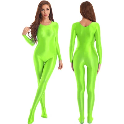 Womens Glossy Full Bodysuit Catsuit Yoga Dance Jumpsuit Round Neck Body Stocking - Image 1 of 3