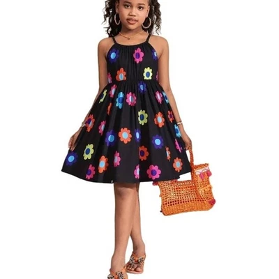 Niños Negro Estampado Floral Vestido Niñas Informal Verano Fiesta Solero Conjunto Foto 1 de 2