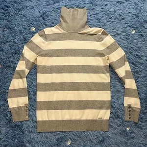Tommy Hilfiger Striped Turtleneck Sweater Size Medium Women’s Gray White Classic - Picture 1 of 9
