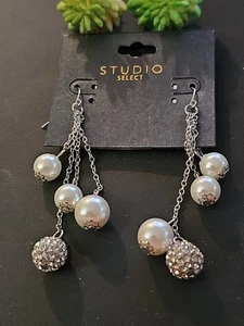 Studio Select Fashionable 3" Drop Dangle Silver Earrings Pearls & Rhinestones - Picture 1 of 4