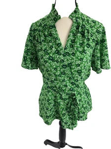 Monteau Womens L Green Floral Short Sleeve Peplum Blouse Button Front Tie Waist - Picture 1 of 6