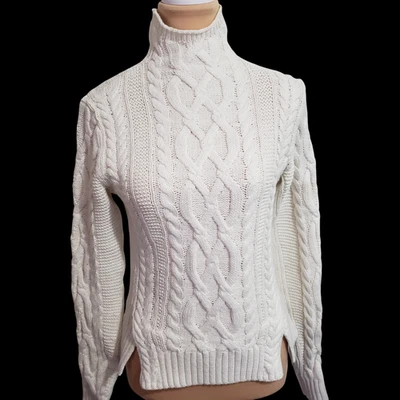 Suéter Polo Ralph Lauren Mujer Pequeño Crema Tejido con Cable Jersey Simulado Cuello Tortuga Foto 1 de 4