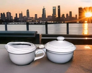 Pfaltzgraff Acadia Bay blau geprägt Webband Zuckerdose Deckel Milchkännchen 3-teiliges Set - Bild 1 von 8