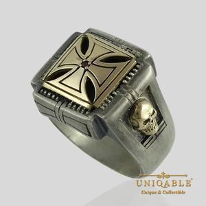 Tempelritter 14K Gold Ring Sterlingsilber Totenkopf Kreuz Freimaurer Größe EINZIGARTIG - Bild 1 von 12