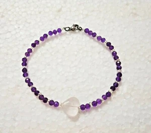 925 Sterling Silver Natural Amethyst With Rose Quartz Bracelet For anniversary - Picture 1 of 2