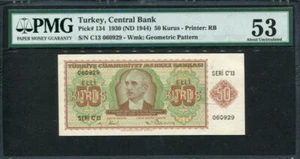 Turkey 1930 ( 1944 ), 50 Kurus, P134, PMG 53 AUNC - Picture 1 of 4