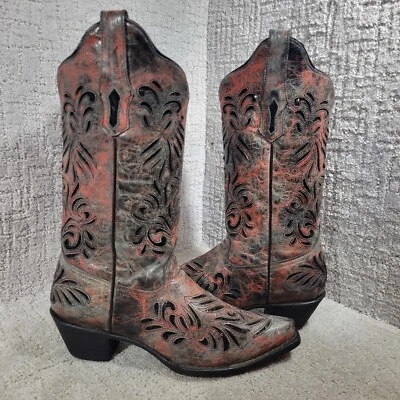 Botas Corral Para Mujer Talla 9M EE. UU. Incrustación Cuero Rojo Gris Negro Lentejuelas Bling AB012 Foto 1 de 4