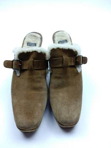 STUART WEITZMAN Mules Tan Suede Beige Sherpa Lined Clogs Wood Heels 6.5 - Picture 1 of 3