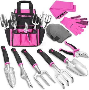 Pink Garden Tools, Gardening Gifts for Women, with 2 in 1 Detachable Storage Bag - Picture 1 of 7