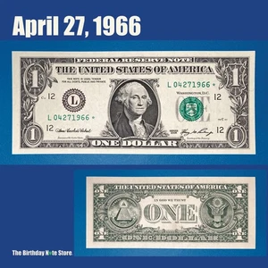 April 27, 1966 Birthday Anniversary $1 One Dollar Bill Serial Number 04271966 - Picture 1 of 2