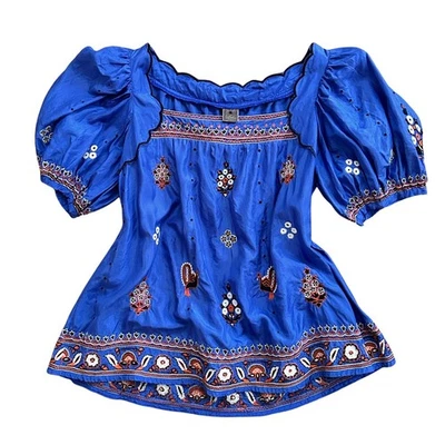 Blusa Campesina Azul 100% Seda Lithe S - Top Boho Bordado Era Y2K Foto 1 de 4