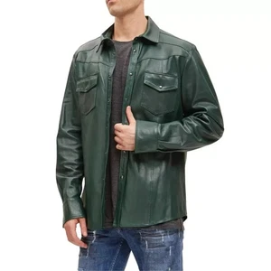Mens Classic Forest Green Leather Shirt| Genuine Sheepskin Biker leather Shirt M - Picture 1 of 4